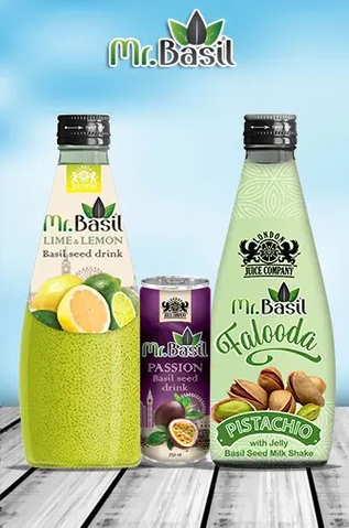 Mr. Basil Lime and Lemon Basil Seed Drink, Passion Basil Seed Drink, and Pistachio Falooda Basil Seed Milk Shake on a wooden surface, showcasing refreshing, healthy beverages with basil seeds